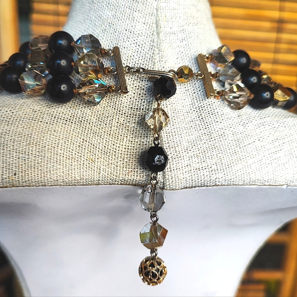 Triple Strand Glass Crystal Smoke Aurora Borealis Vintage Beaded Necklace Black - Picture 4 of 10